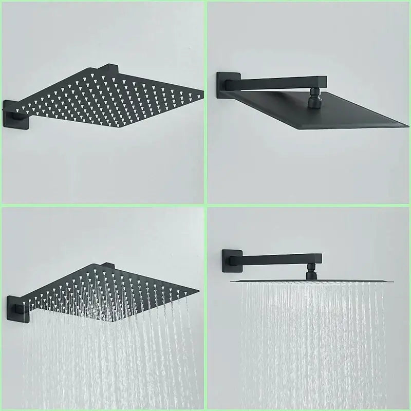 Modern matte black rainfall shower with slider bar featuring a black rainfall showerhead with multiple spray patterns