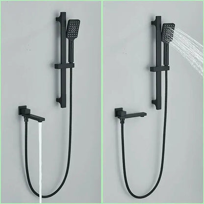 Modern matte black rainfall shower with slider bar bathroom set featuring decorbites black rainfall shower system with handheld spray head and fixed faucet