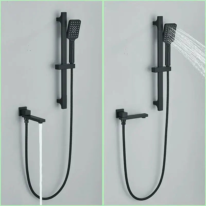 Modern matte black rainfall shower with slider bar bathroom set featuring decorbites black rainfall shower system with handheld spray head and fixed faucet