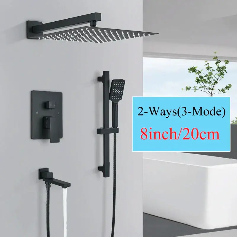 Modern matte black rainfall shower head with square design featuring black rainfall shower finish by decorbites