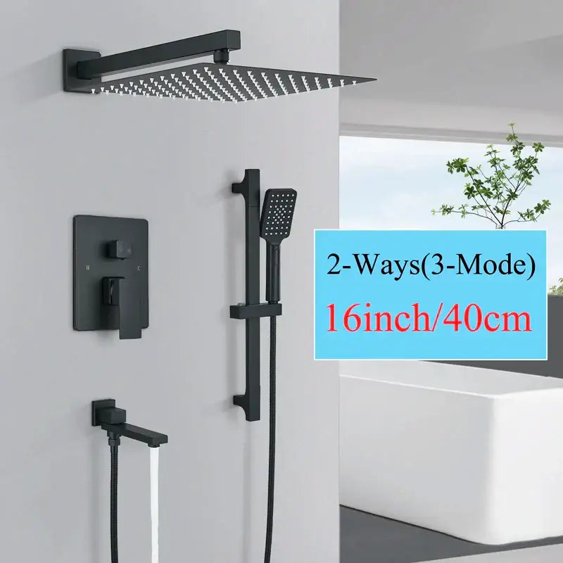 Black matte-finish square rainfall shower head with grid nozzles and integrated wall mount for decorbites black rainfall shower set