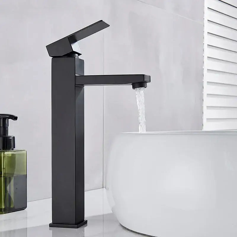 Modern matte black rectangular basin faucet with a sleek angular design from decorbites basin faucet collection