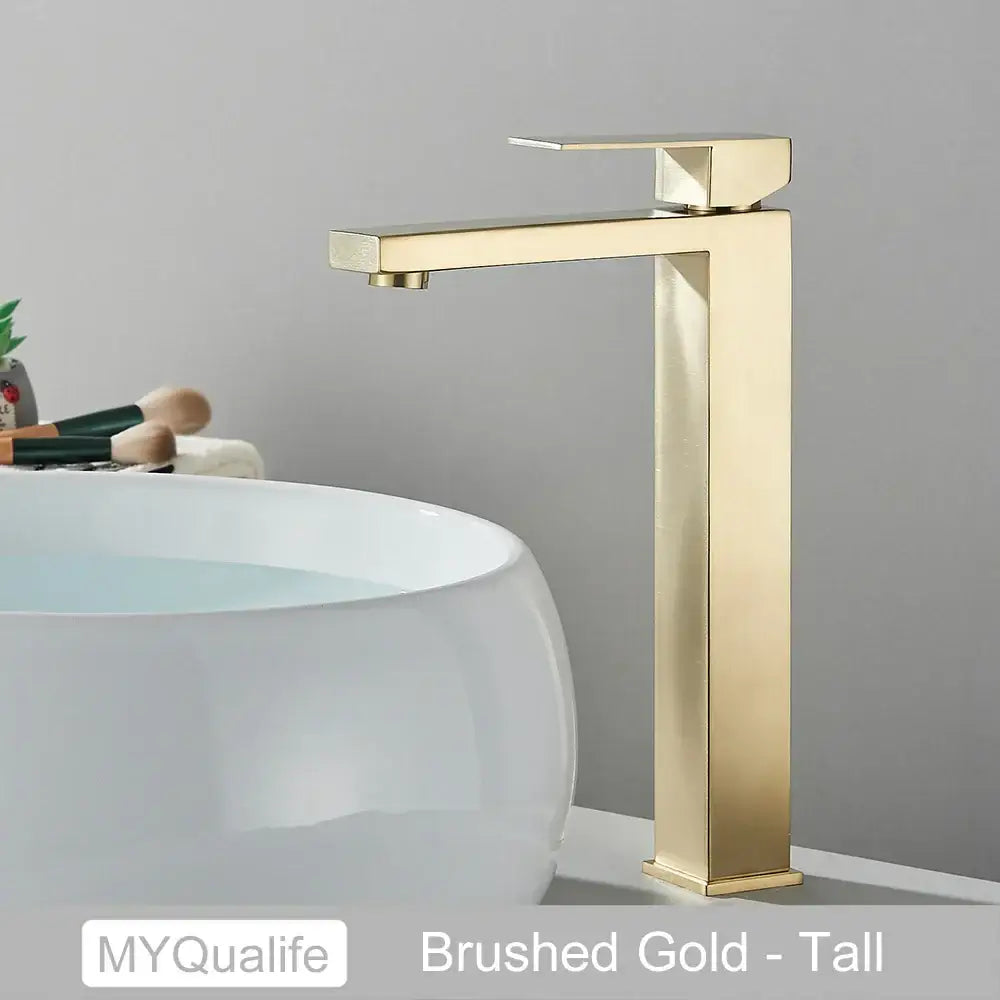 Brushed gold tall basin faucet mixer with sleek modern rectangular design for bathroom use in matte black option available
