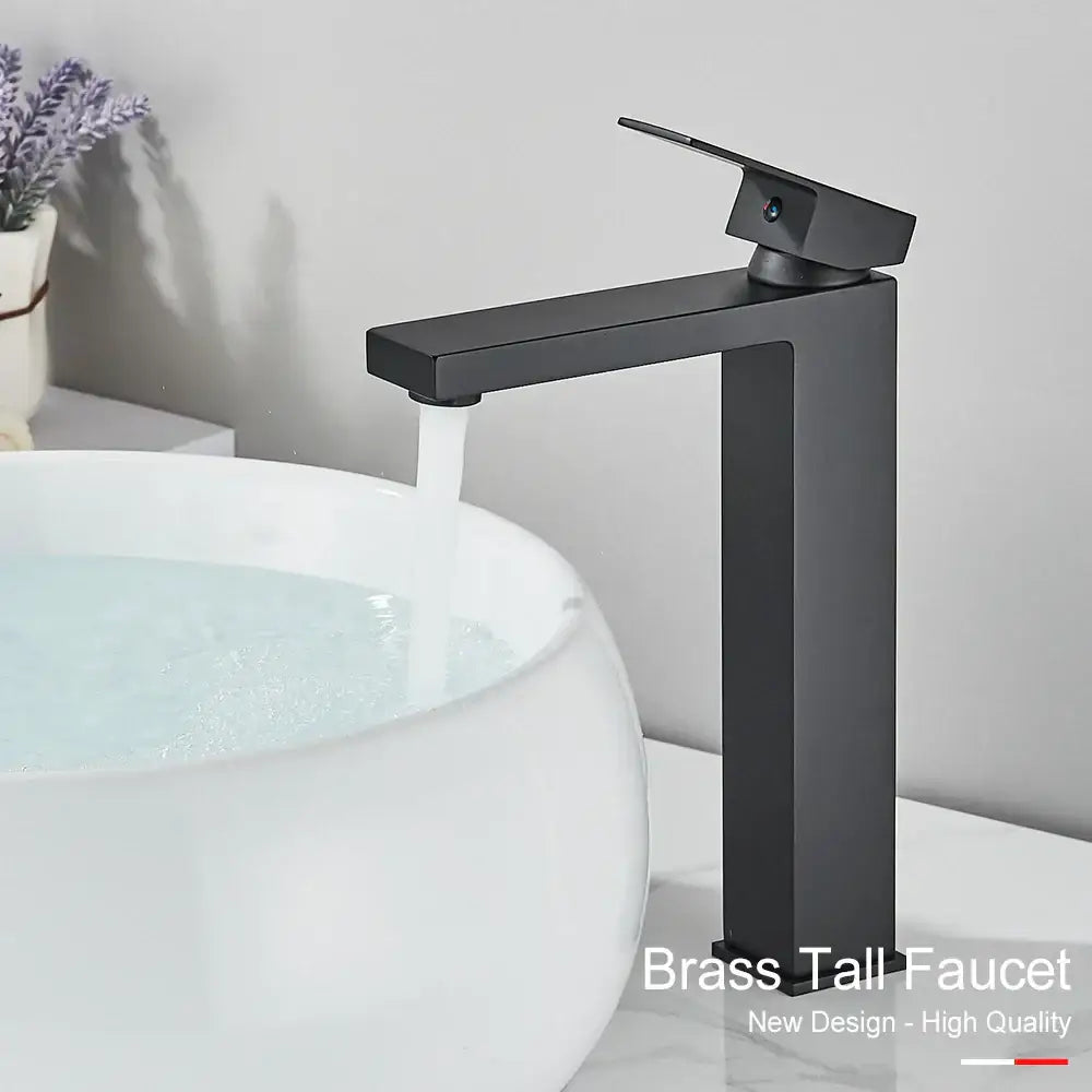 Modern matte black rectangular basin faucet mixer with sleek black brass tall faucet for bathroom use