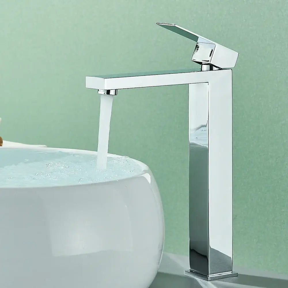 Modern chrome-finished tall basin faucet mixer with sleek rectangular design and angular spout for bathroom use