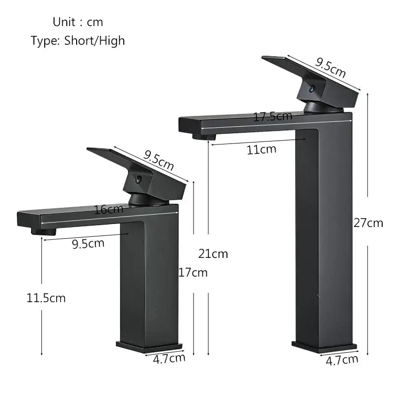 Modern matte black rectangular basin faucet mixer with a sleek matte finish and flat handle for bathroom use