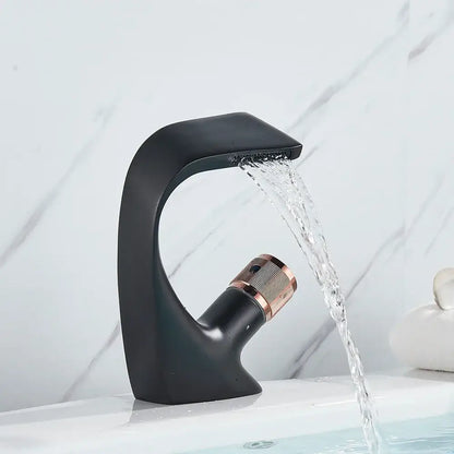 Modern matte black and rose gold brass basin faucet with waterfall spout and decorbites black brass handle design
