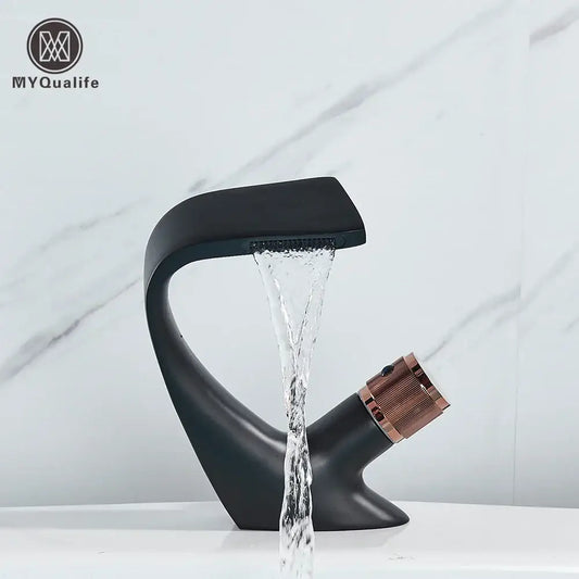 Modern matte black and rose gold brass basin faucet with waterfall spout and textured handle by myqualife black brass basin