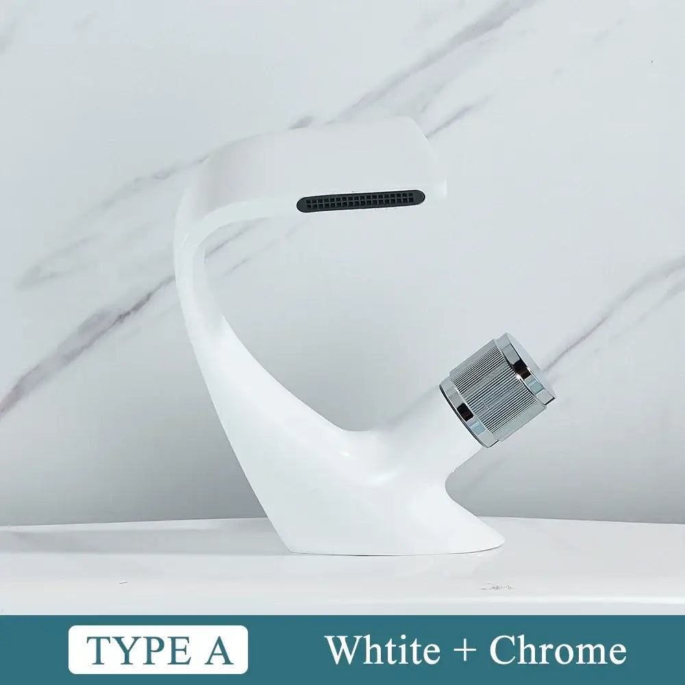 Modern matte black and rose gold brass basin faucet with sleek white and chrome curved design for bathroom decorbites black brass