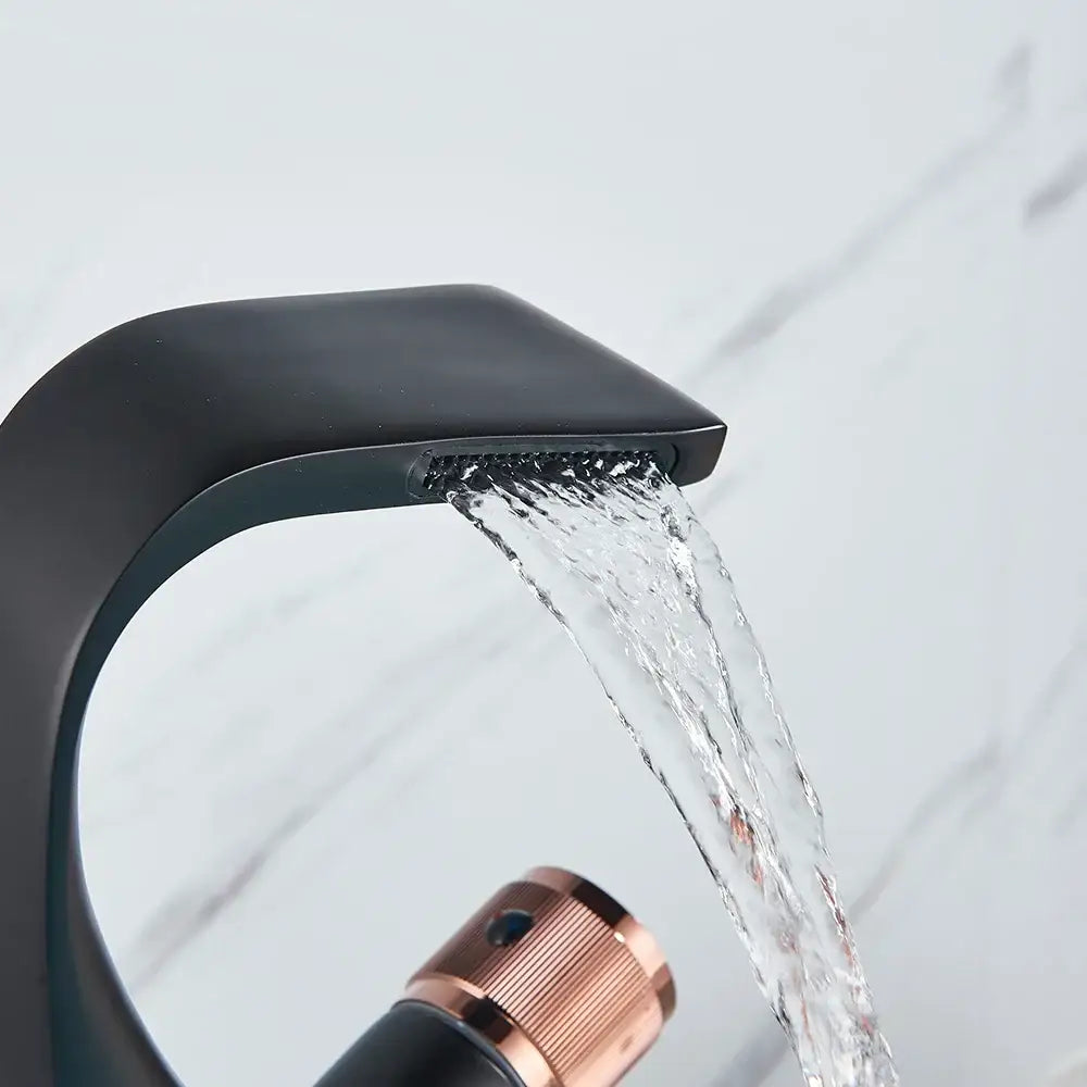 Modern matte black and rose gold brass basin faucet with waterfall tap design by decorbites black brass basin faucet