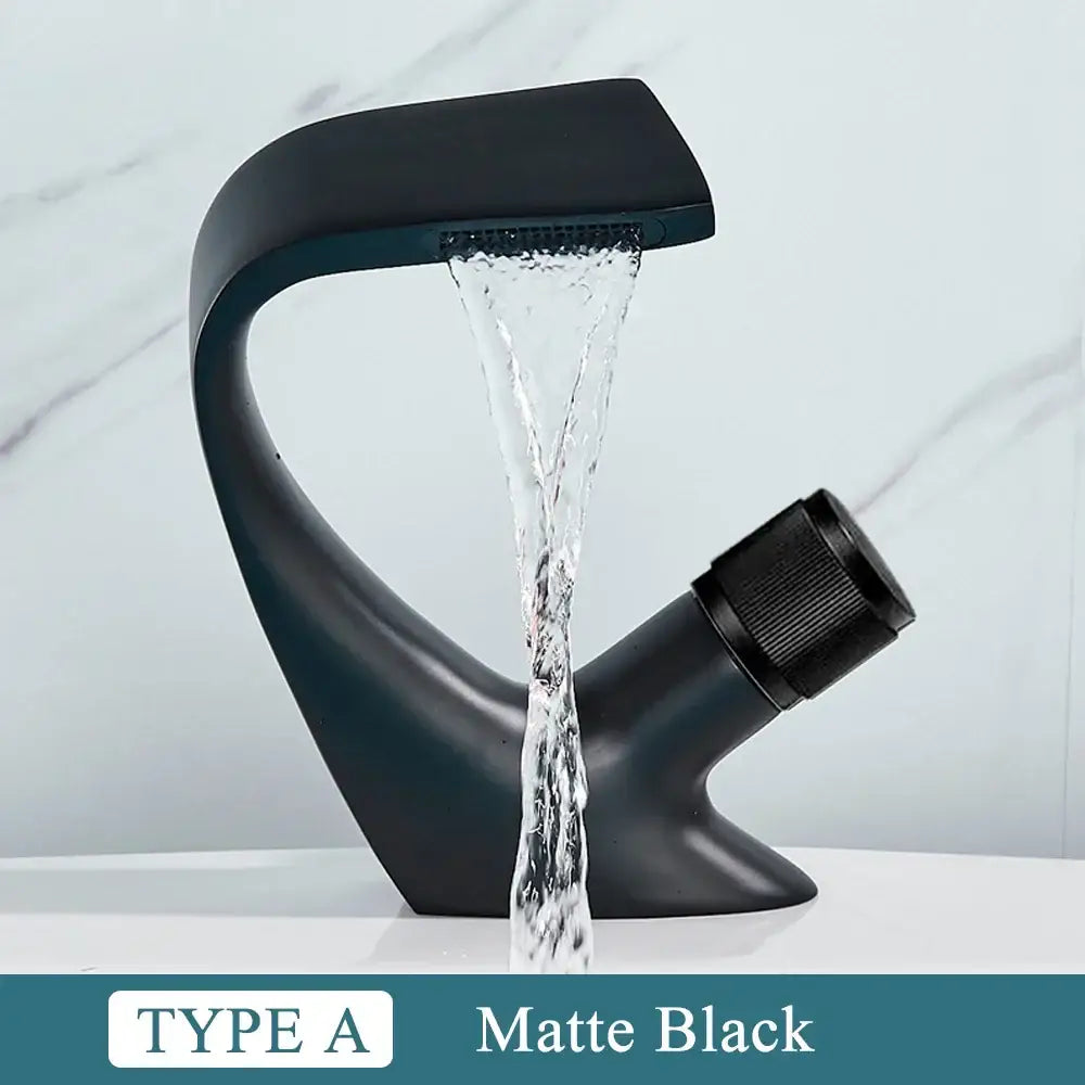 Modern matte black and rose gold brass basin faucet with sleek curved waterfall tap for bathroom decorbites black brass decor