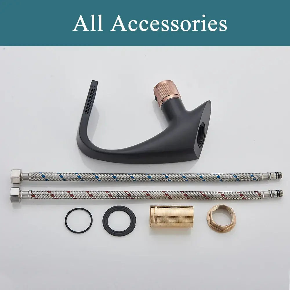 Modern matte black and rose gold brass basin faucet with curved spout design decorbites black brass basin faucet