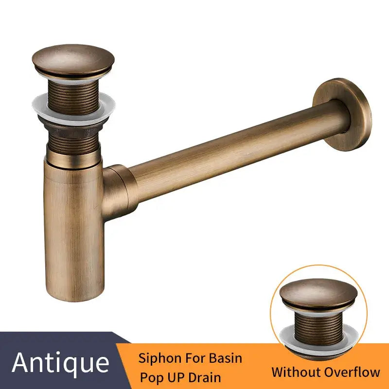 Antique bronze round bottle trap with pop up drain siphon featuring a sleek brushed metal finish and classic design