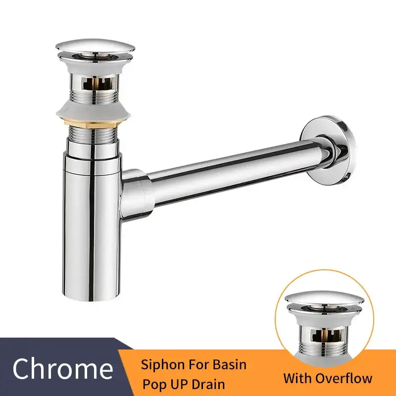Chrome-finished siphon drain with overflow feature for basin paired with modern matte black round bottle trap bathroom