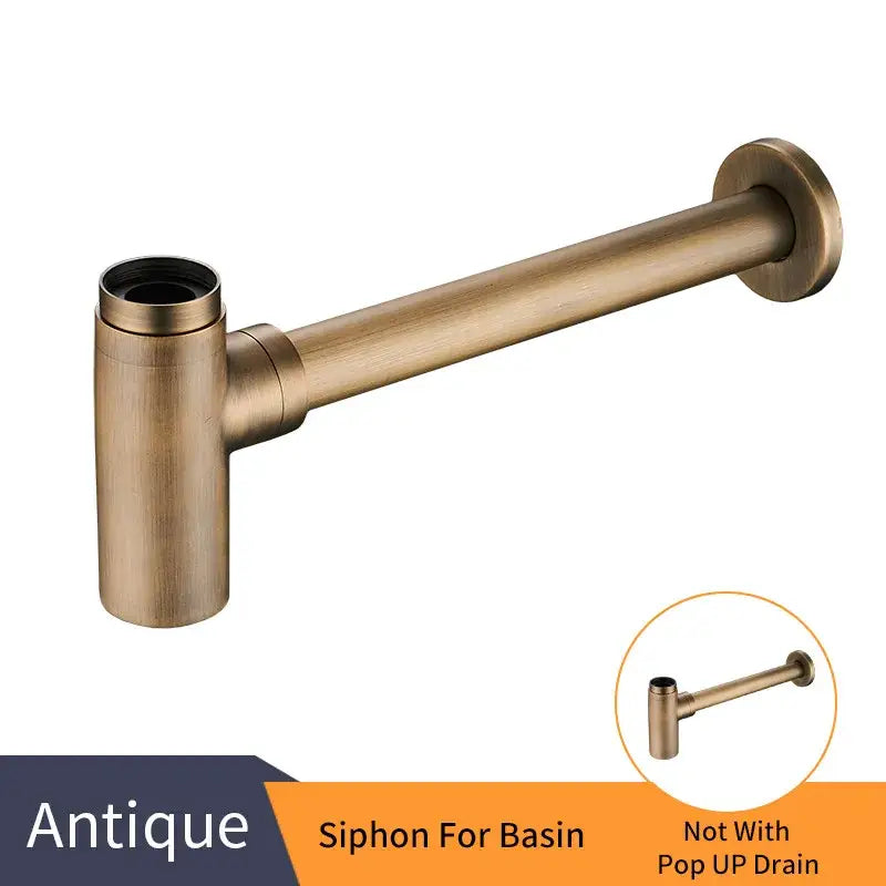 Antique brass-colored round bottle trap with sleek brushed metal finish and classic curved design for bathroom use
