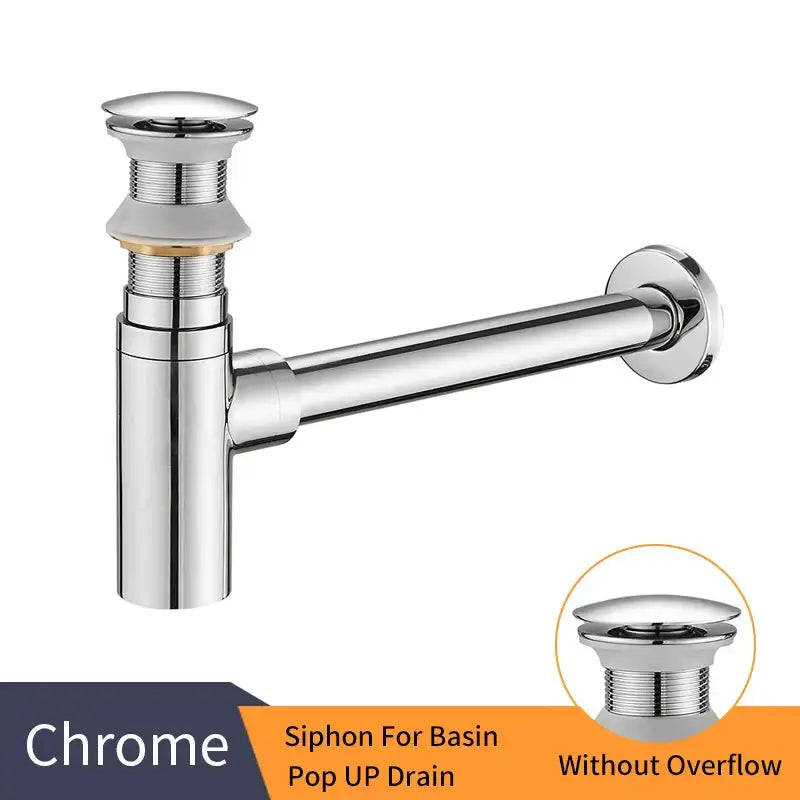 Chrome-finished pop-up basin siphon drain with a sleek modern design featuring a round bottle trap for bathrooms