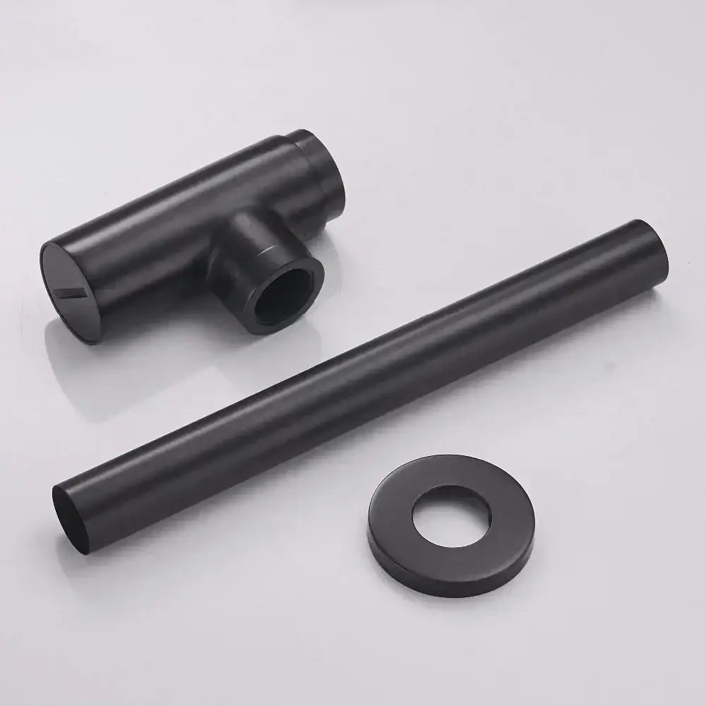 Modern matte black round bottle trap with black plastic plumbing fittings including t-joint and flat washer for bathroom use