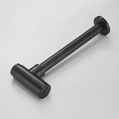 Modern matte black round bottle trap with pop up drain and a sleek black matte towel rack with t-shaped design
