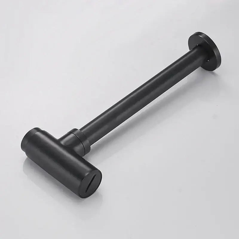 Modern matte black round bottle trap with pop up drain and a sleek black matte towel rack with t-shaped design