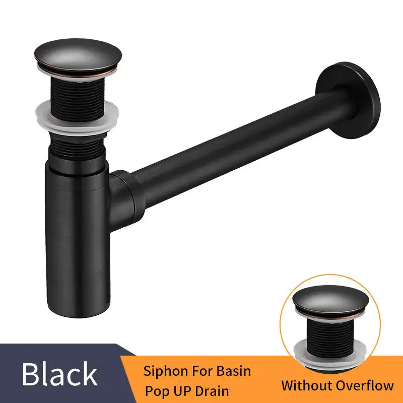 Modern matte black round bottle trap with pop up drain siphon in black matte metal finish for bathroom use