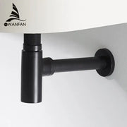 Modern matte black round bottle trap with pop up drain made of sleek matte-finish metal for under-sink use