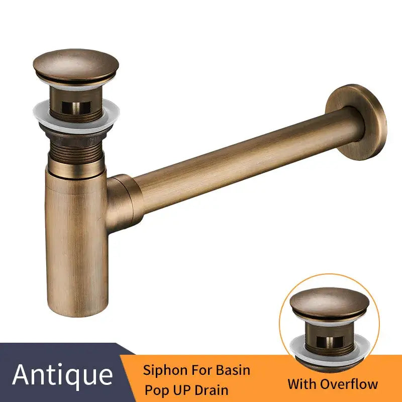 Antique bronze round bottle trap with pop up drain siphon and overflow for modern matte black bathroom basin