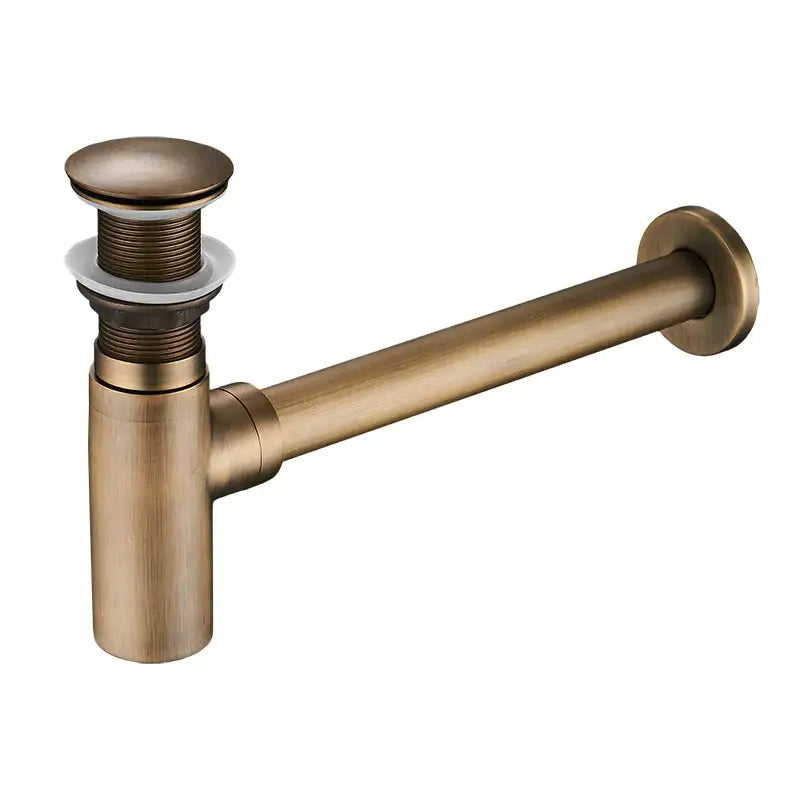 Antique brass-colored round bottle trap with brushed metal finish and elongated horizontal pipe for bathroom sink drain