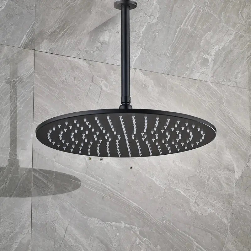 Modern matte black round brass rain shower head with black matte finish and triangular spray nozzles
