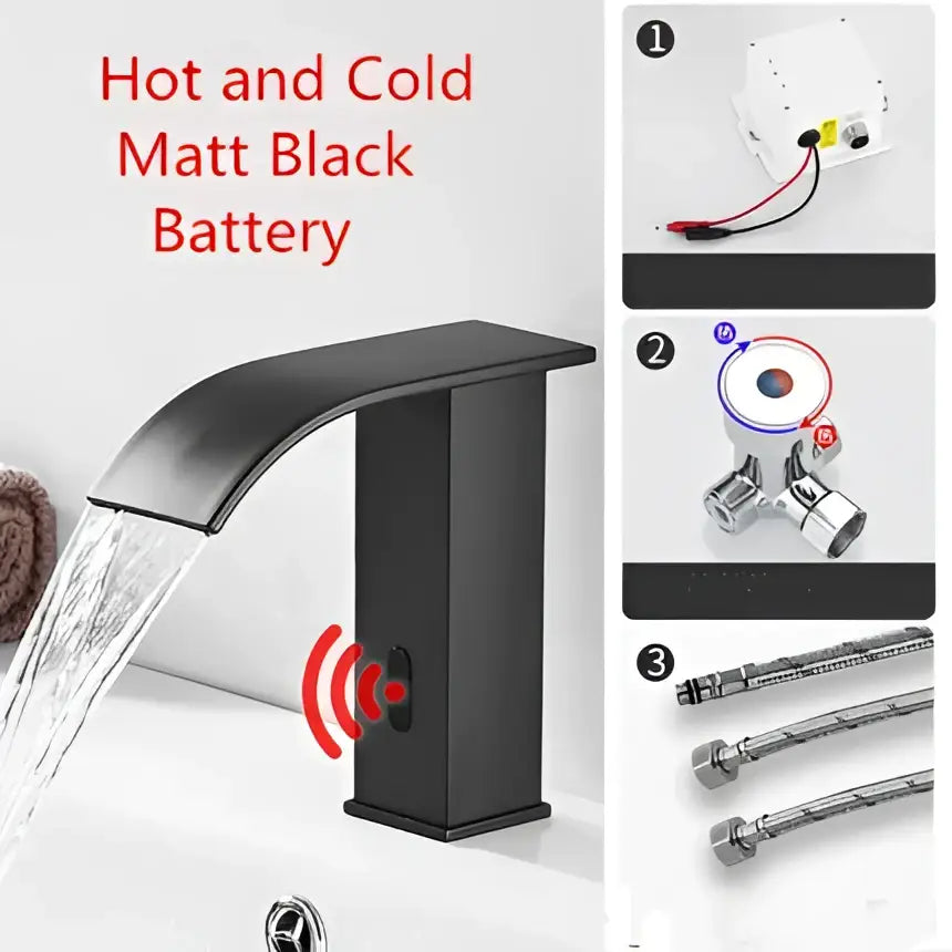 Modern matte black sensor waterfall basin faucet with hot and cold water control for bathroom use by decorbites black sensor
