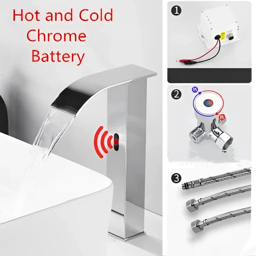 Modern matte black decorbites black sensor waterfall basin faucet with chrome curved spout and wireless water control