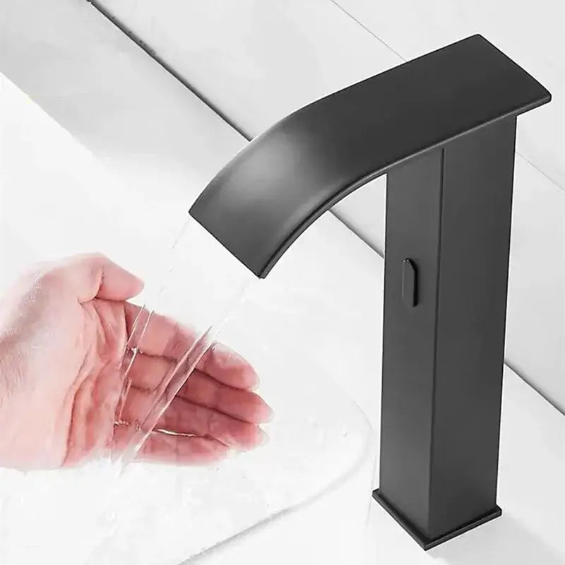 Modern matte black sensor waterfall basin faucet with sleek curved spout and rectangular base decorbites black sensor