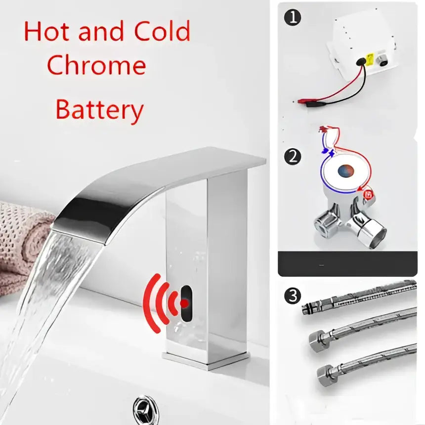 Modern matte black sensor waterfall basin faucet with chrome-finished waterfall faucet and integrated hot cold battery system