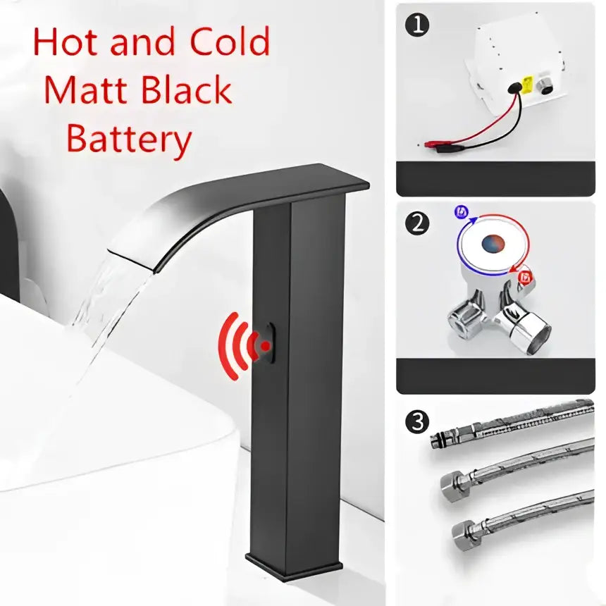Matte black sensor waterfall basin faucet with wireless technology and modern design for bathroom mixer by decorbites