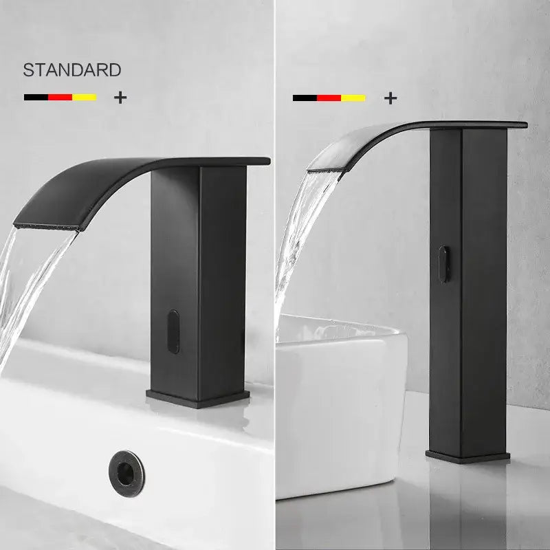 Modern matte black sensor waterfall basin faucet with sleek curved spout for bathroom decorbites black sensor design
