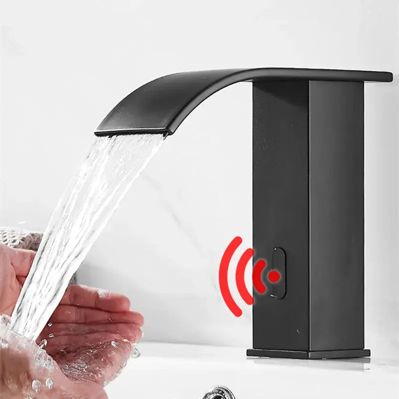 Modern matte black sensor waterfall basin faucet with a sleek design and touchless decorbites black sensor activation