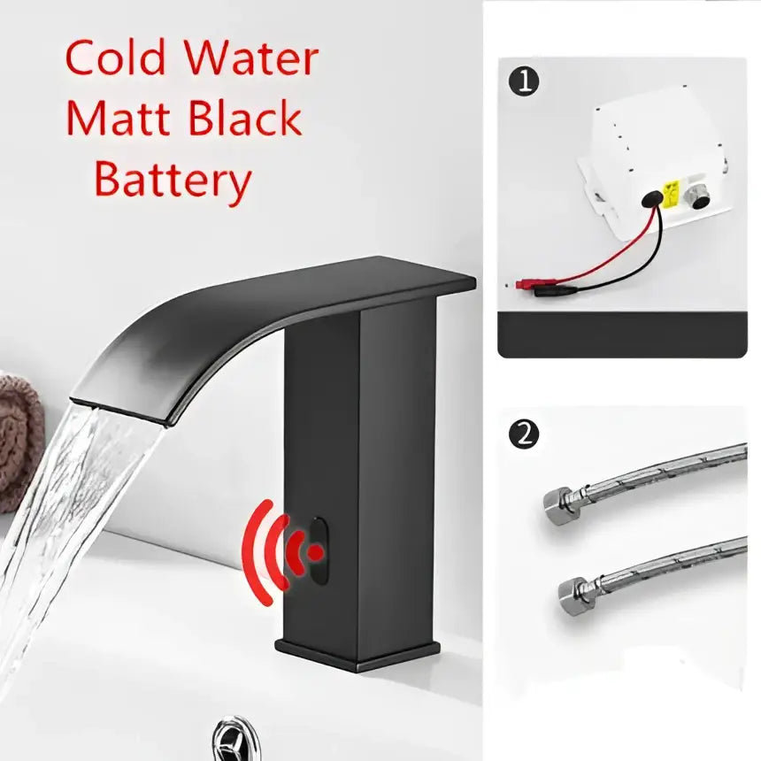 Modern matte black sensor waterfall basin faucet featuring a curved spout and decorbites black sensor for bathrooms