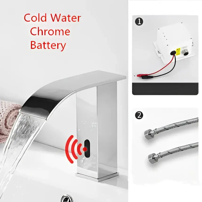 Modern matte black basin faucet with decorbites black sensor and sleek waterfall spout for bathroom use
