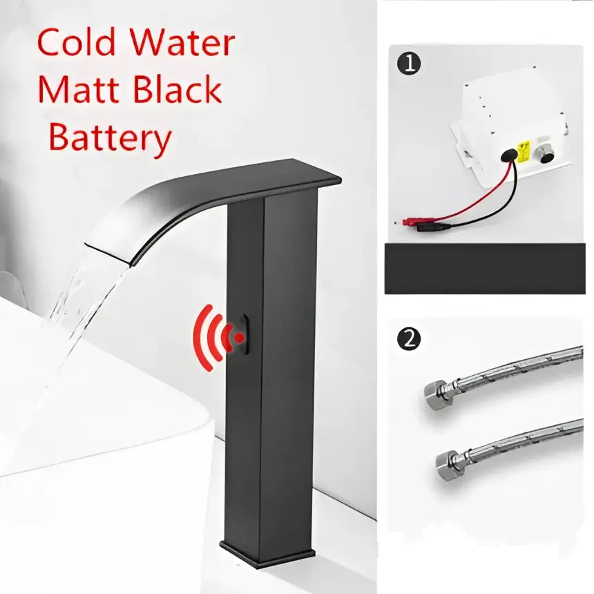 Modern matte black basin faucet with wireless sensor and waterfall design in decorbites black sensor style
