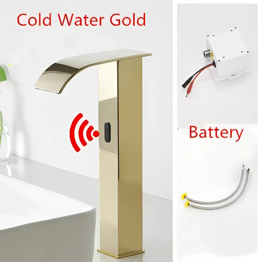 Modern matte black sensor waterfall basin faucet with cold water gold finish and wireless integrated sensor technology