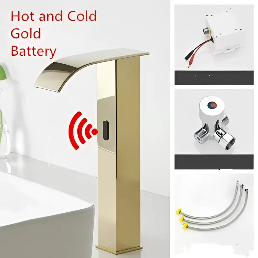 Modern matte black sensor waterfall basin faucet with gold finish wireless sensor technology for bathroom decorbites black sensor
