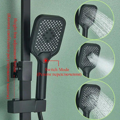 Modern matte black shower faucet set featuring a black matte rectangular showerhead with multiple spray patterns and switch mode button