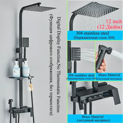 Modern matte black shower faucet set with black 304 stainless steel rainhead, brass handheld sprayer, and digital control panel