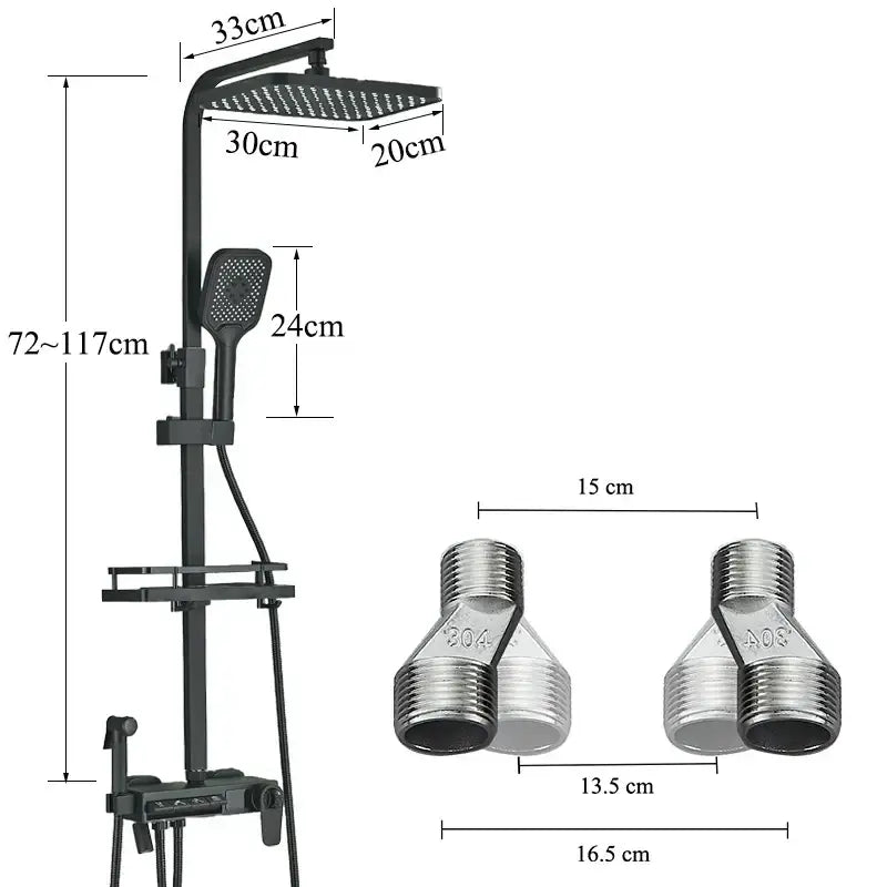 Modern matte black shower faucet set with 30cm x 20cm rainhead and handheld sprayer with chrome connectors