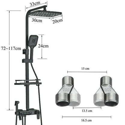 Modern matte black shower faucet set with 30cm x 20cm rainhead and handheld sprayer with chrome connectors
