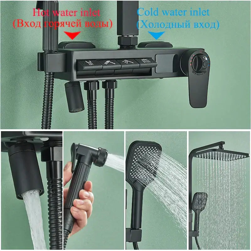 Modern matte black shower faucet set with multiple spray heads and digital control panel in rainfall column design