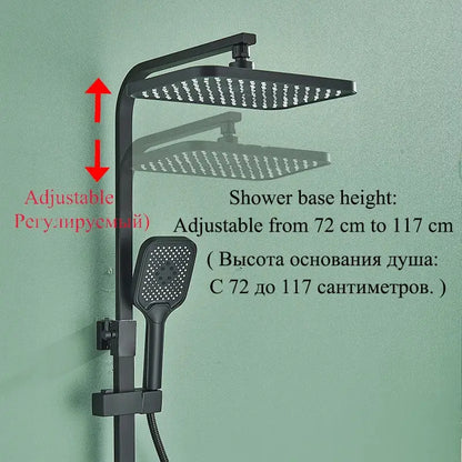 Modern matte black shower faucet set with adjustable square rainhead and handheld spray for bathroom digital rainfall column