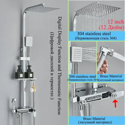 Modern matte black shower faucet set with chrome finished 12 inch stainless steel rain shower head and handheld nozzle