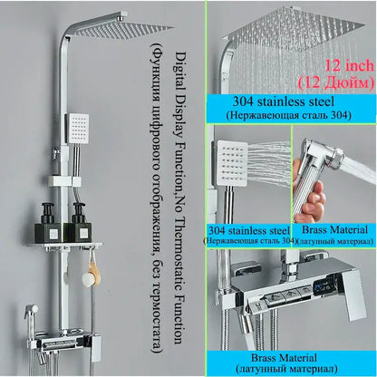 Modern chrome-finished shower faucet set with 12-inch rainhead, stainless steel brass control panel, and handheld spray nozzle