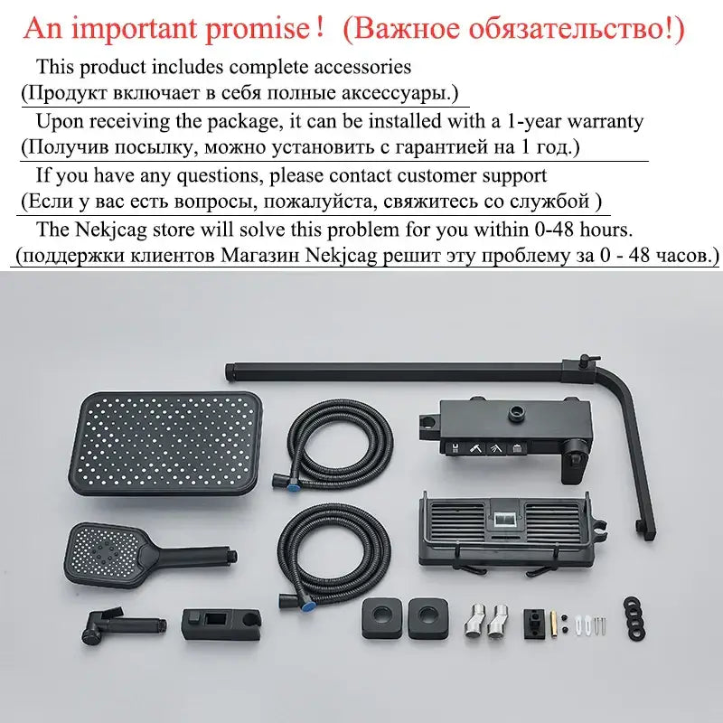 Modern matte black shower faucet set with rectangular rainhead handheld spray and digital rainfall control unit