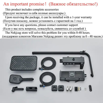 Modern matte black shower faucet set with rectangular rainhead handheld spray and digital rainfall control unit